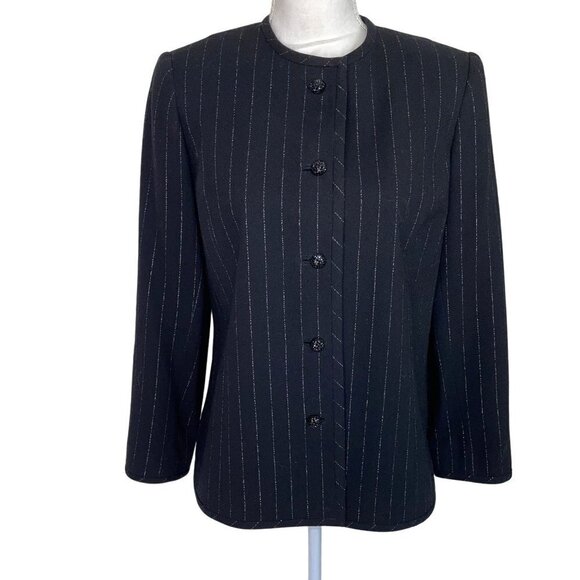 David Hayes Womens Wool Suit Black Size 8 Vintage Crepe Metallic Silver Thread - Picture 6 of 12